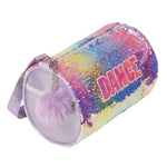 Danznmotion Sequin Burst Duffle in Pastel Rainbow, top view showing flip sequin exterior and DANCE lettering