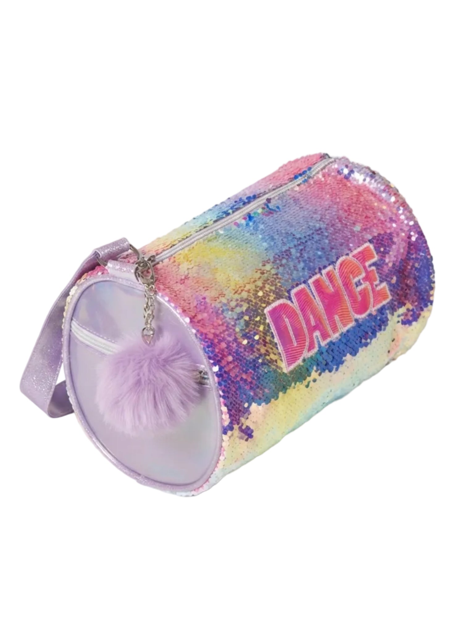 Danznmotion Sequin Burst Duffle in Pastel Rainbow, top view showing flip sequin exterior and DANCE lettering