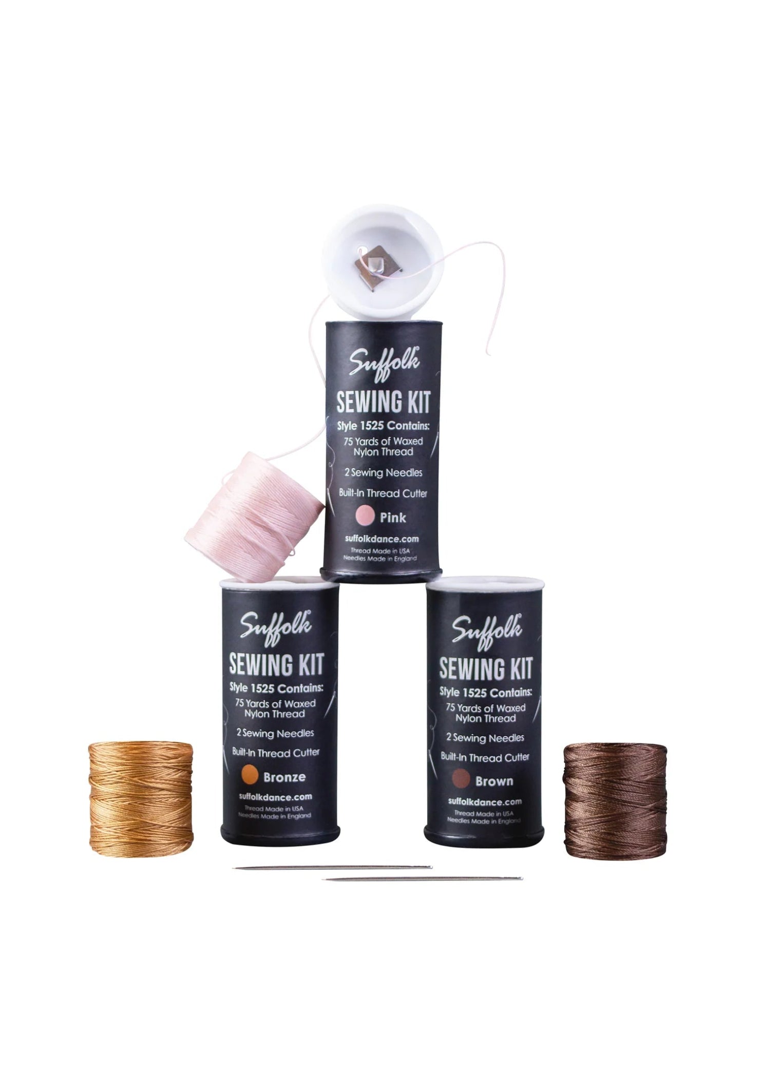 Suffolk Sewing Kit, collection view showing waxed nylon thread spools, two needles and built-in cutter