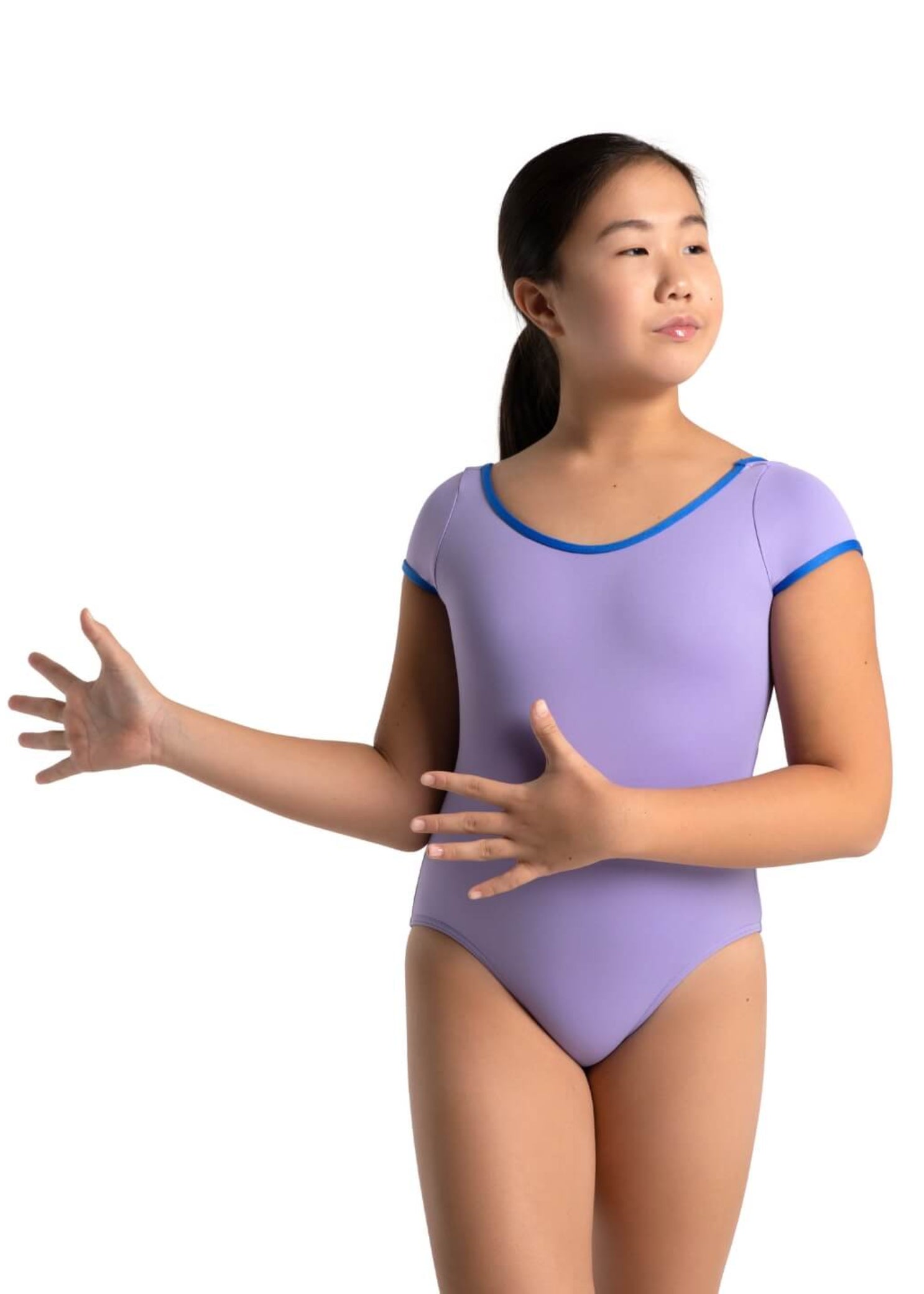 Short Sleeve Square Back Leotard Vibrant Violet/Royal front view