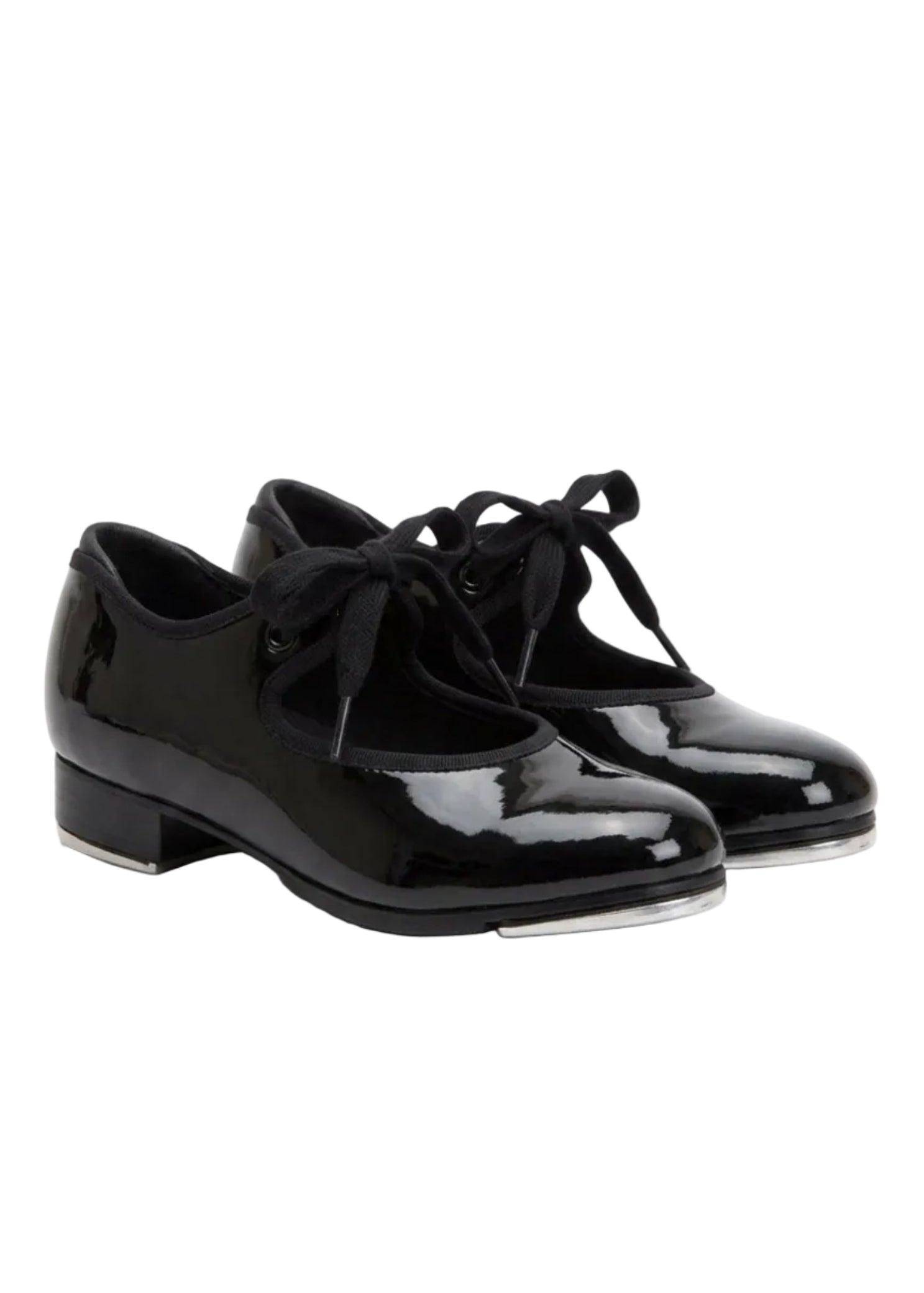 Capezio Children's Shuffle Tap Shoe in Patent Black, angled front view showing bow tie and Tele Tone taps