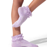 Capezio 3-Pack Ruffle Sock in Lavender, lifestyle view showing ruffled ankle trim and pointelle knit detail