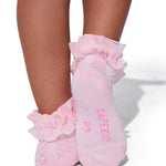 Capezio 3-Pack Ruffle Sock in Pink, lifestyle view showing ruffled ankle trim and pointelle knit detail