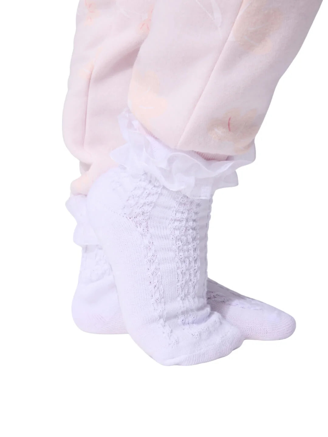 Capezio 3-Pack Ruffle Sock in White, lifestyle view showing ruffled ankle trim and pointelle knit detail