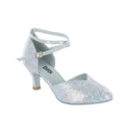 Dance Shoes Online Silver Sparkle Pump in Silver, angled front view showing glitter upper with pointed toe and stiletto heel