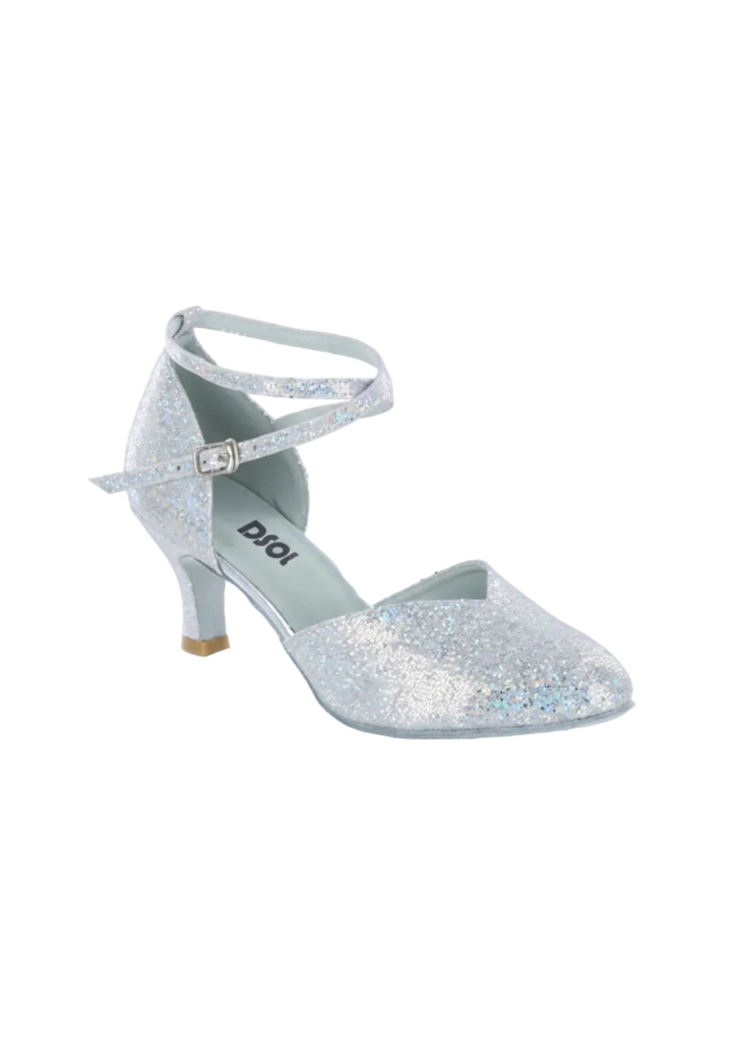 Dance Shoes Online Silver Sparkle Pump in Silver, angled front view showing glitter upper with pointed toe and stiletto heel