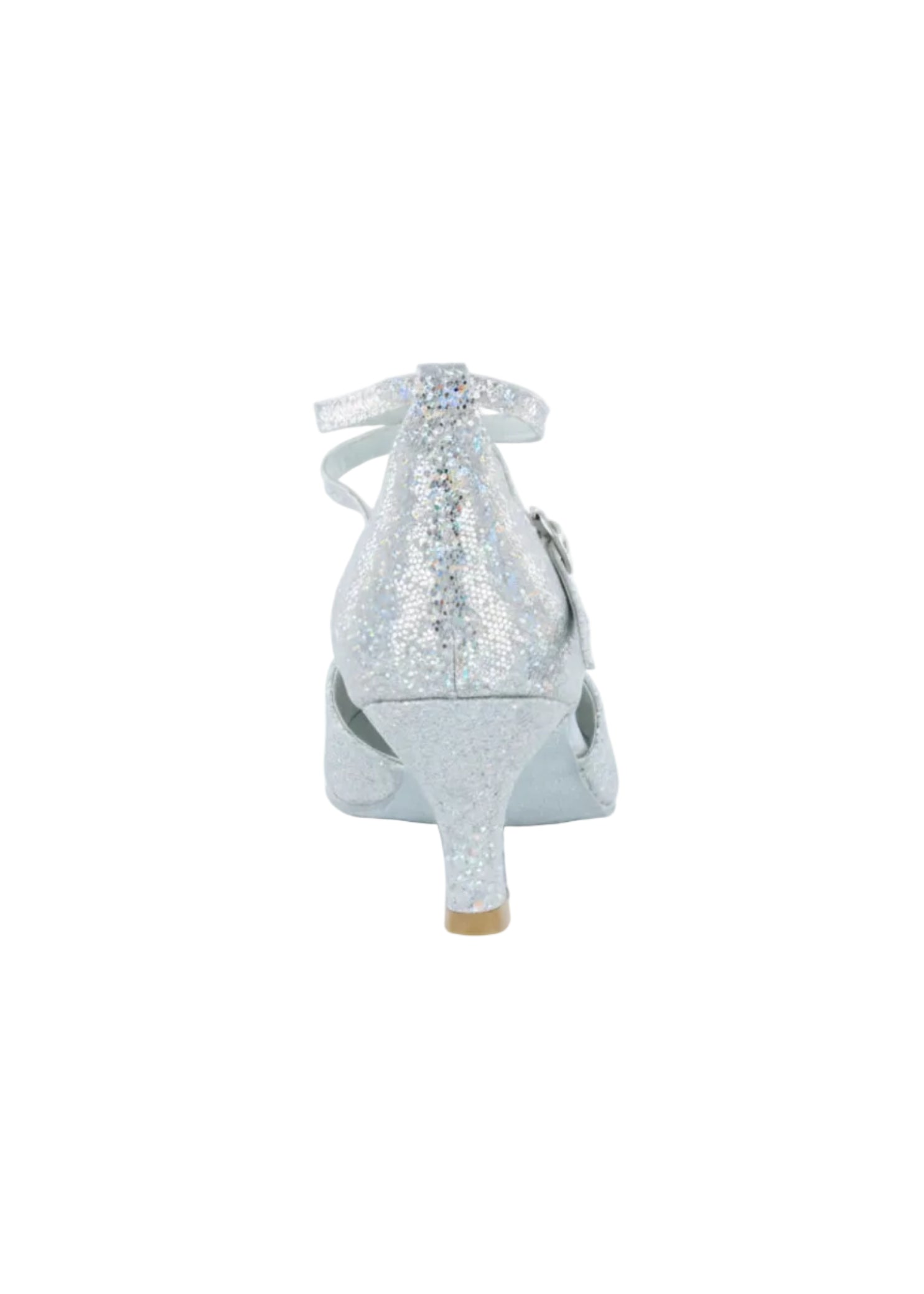 Dance Shoes Online Silver Sparkle Pump in Silver, back view showing glitter upper with slim stiletto heel and ankle opening