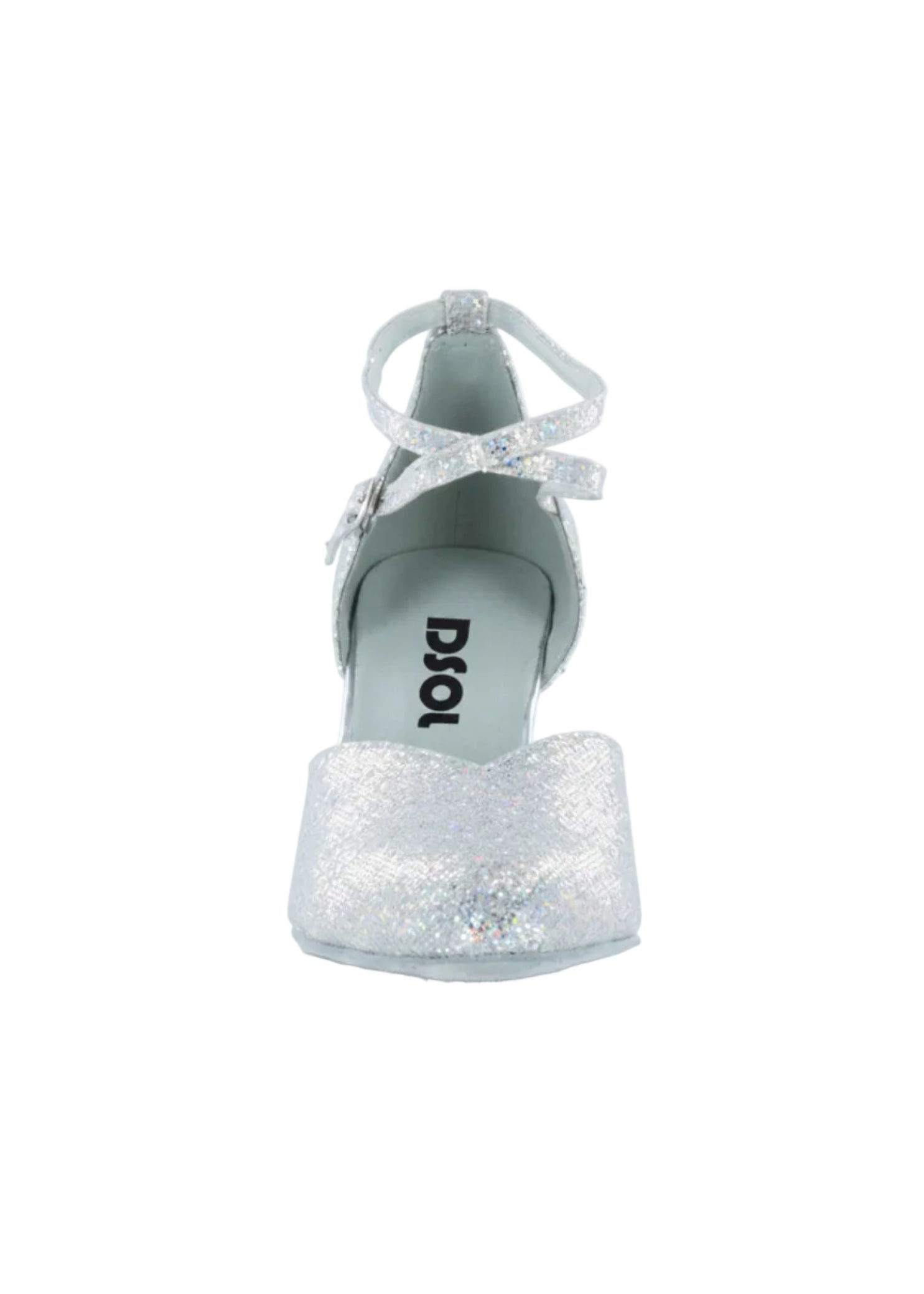 Dance Shoes Online Silver Sparkle Pump in Silver, front view showing glitter upper with pointed toe and stiletto heel