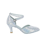 Dance Shoes Online Silver Sparkle Pump in Silver, lateral side view showing glitter upper with pointed toe and stiletto heel profile