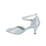 Dance Shoes Online Silver Sparkle Pump in Silver, medial side view showing glitter upper with pointed toe and stiletto heel profile