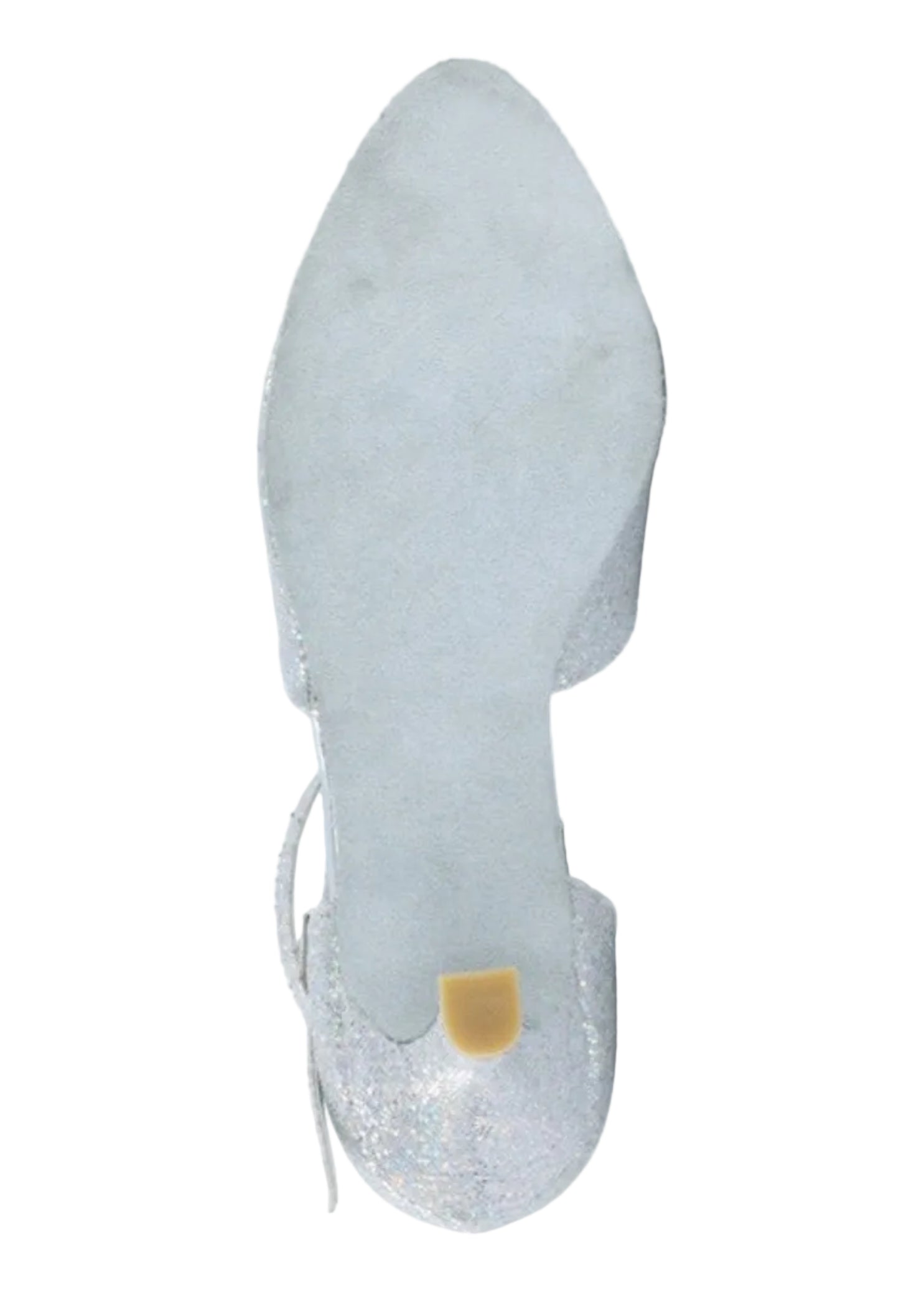 Dance Shoes Online Silver Sparkle Pump in Silver, outsole view showing suede sole and heel construction