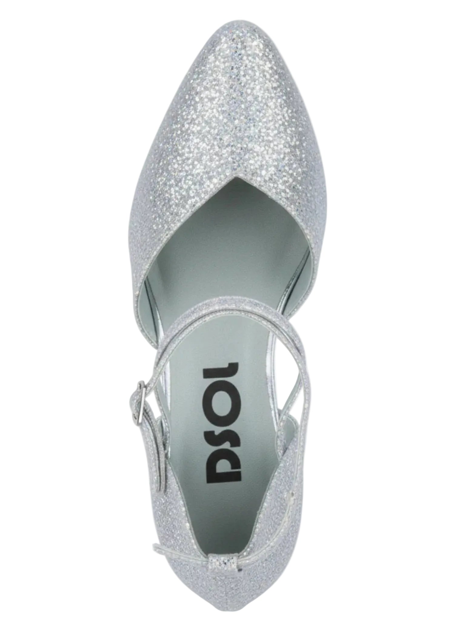 Dance Shoes Online Silver Sparkle Pump in Silver, top view showing full glitter upper with pointed toe and vamp opening