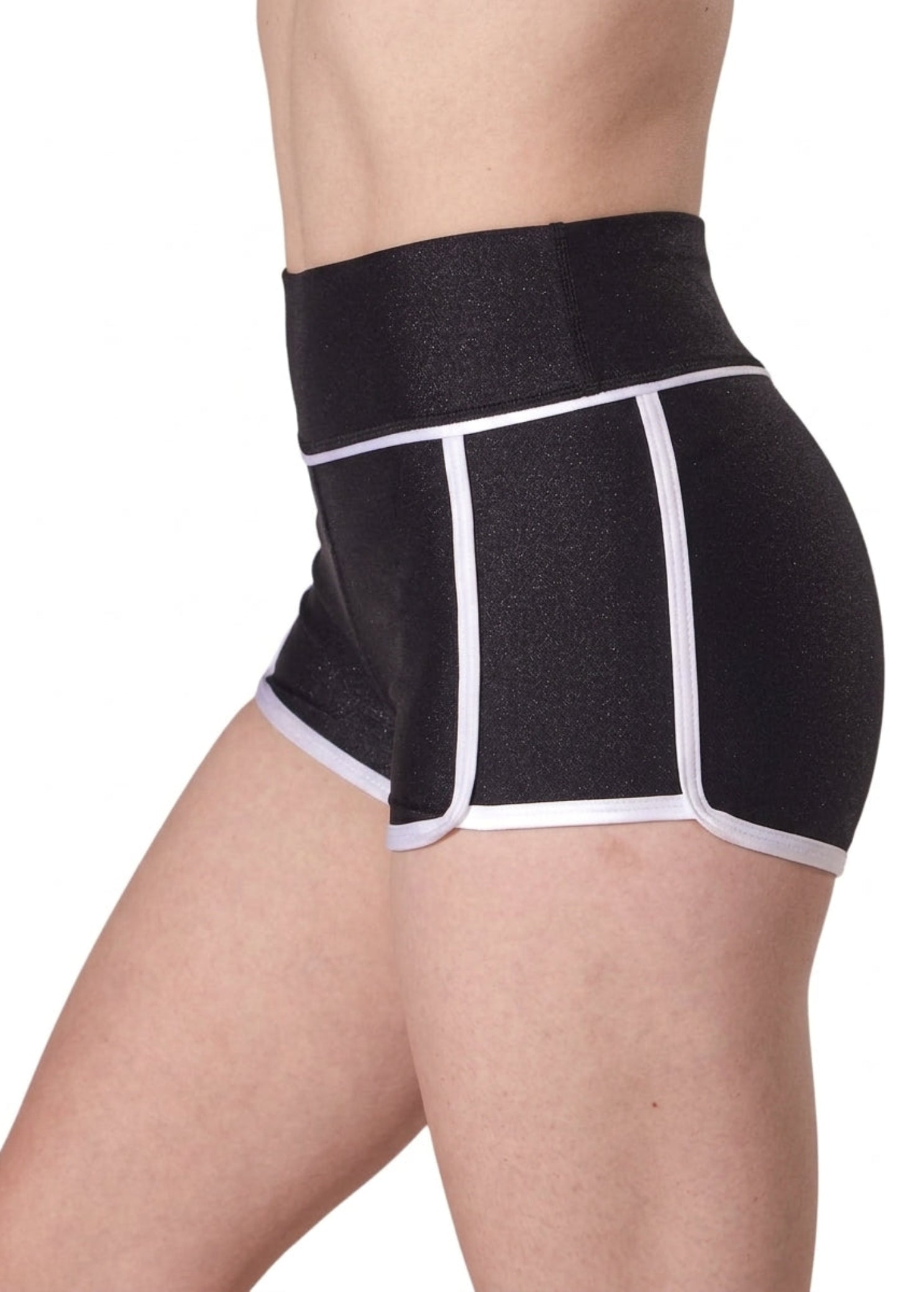 Capezio Skayla Short in Black & White, side view showing nylon-spandex fabric, high-rise waist and contrast piping