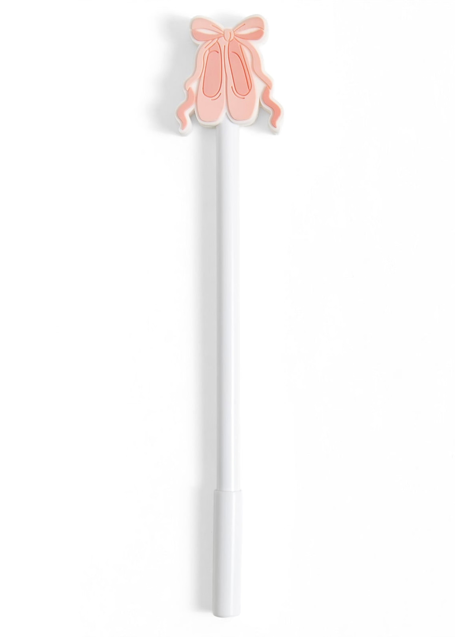 Pippi Post Slippers & Bow Gel Pen, front view showing white barrel and pink ballet slipper rubber topper