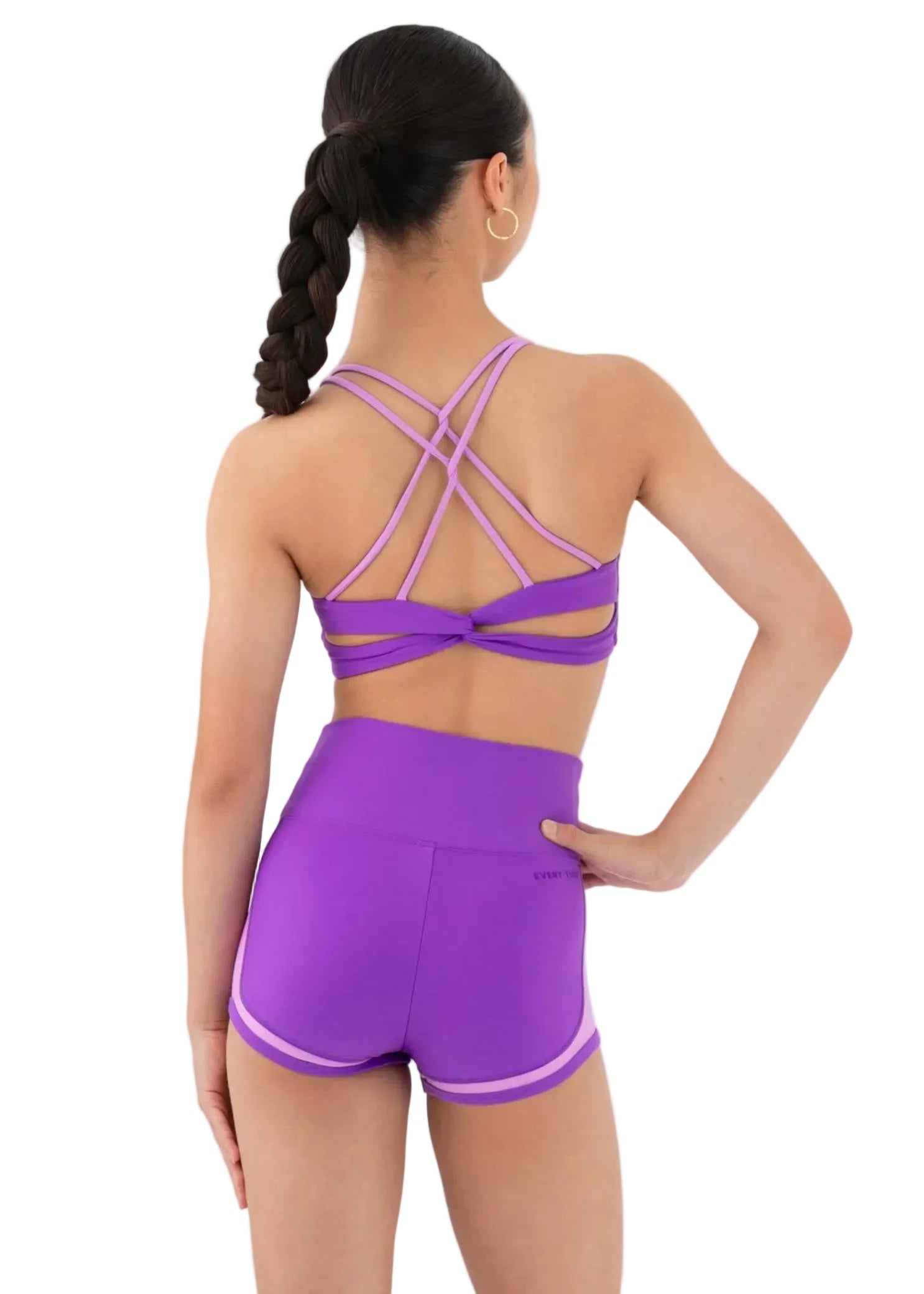 Every Turn Socialite Crop Top in Power Purple, back view showing dual crossed straps and twisted back panel