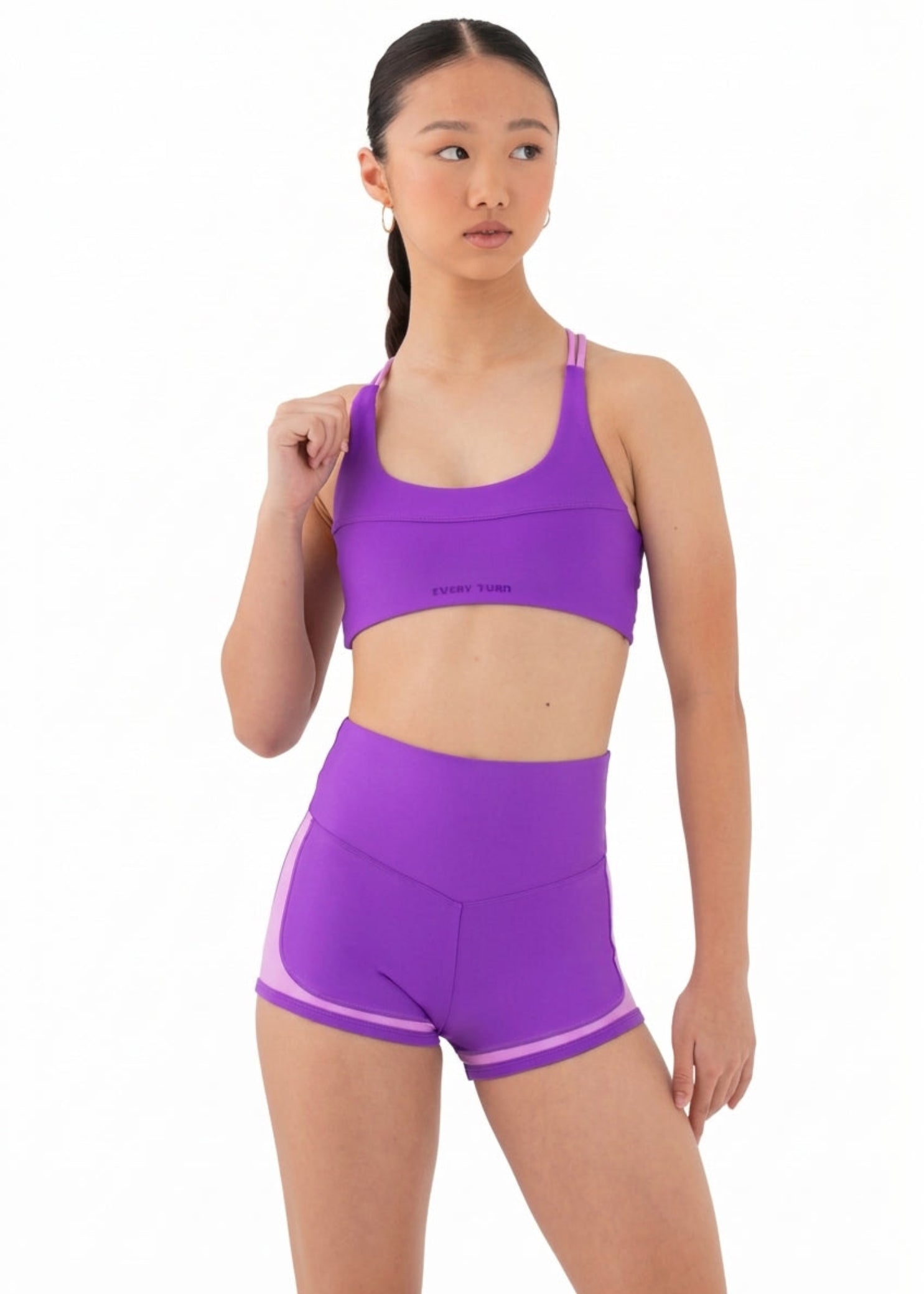 Every Turn Socialite Crop Top in Power Purple, front view showing scoop neck and polyester-elastane fabric