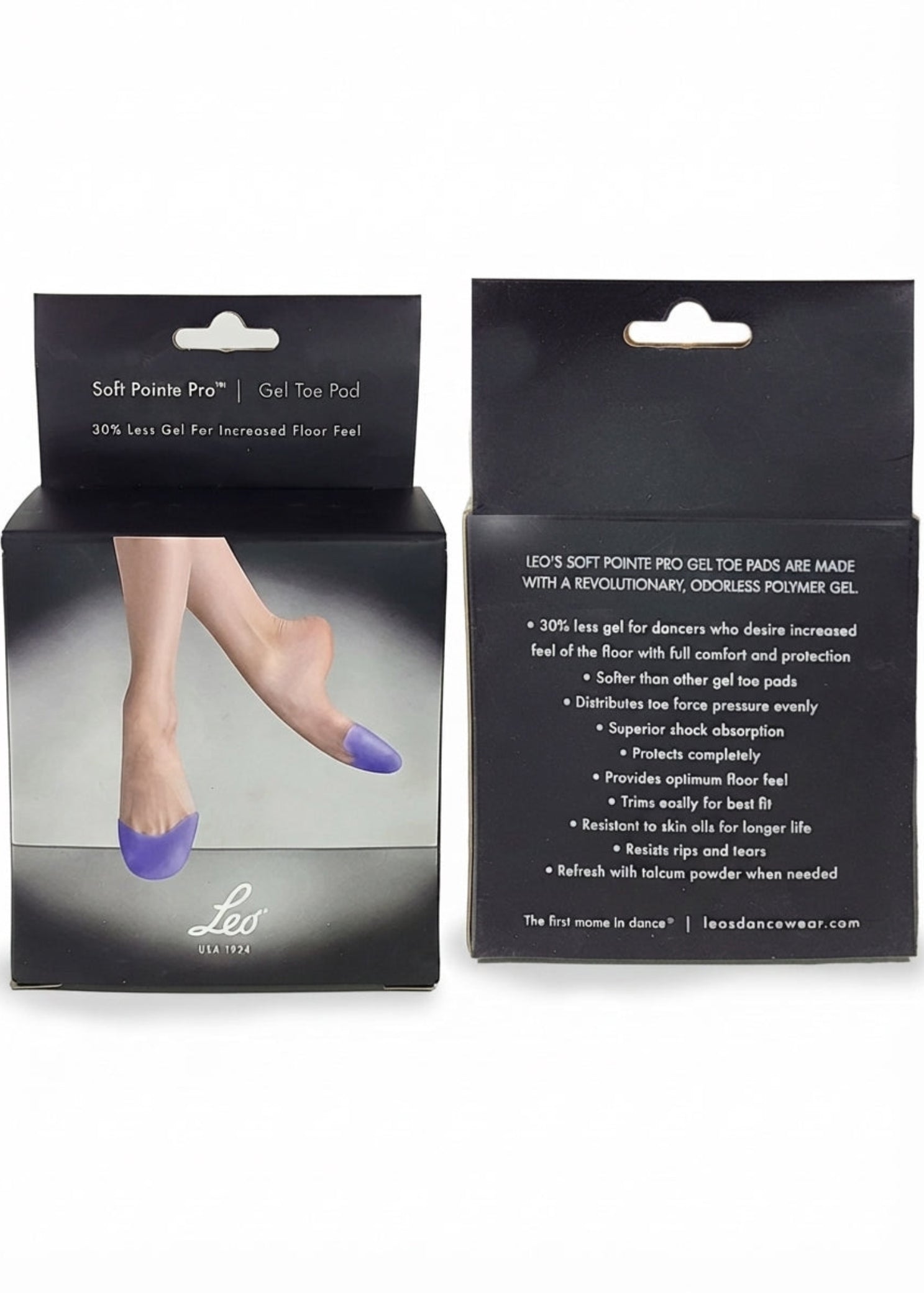 Bloch Soft Pointe Pro Purple Gel Pad in Purple, packaging front and back view showing box front and back with care details