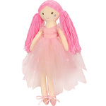 Iscream Polyester Sparkle Ballerina Plush Character in Pink, left side view showing yarn pigtails and tulle skirt