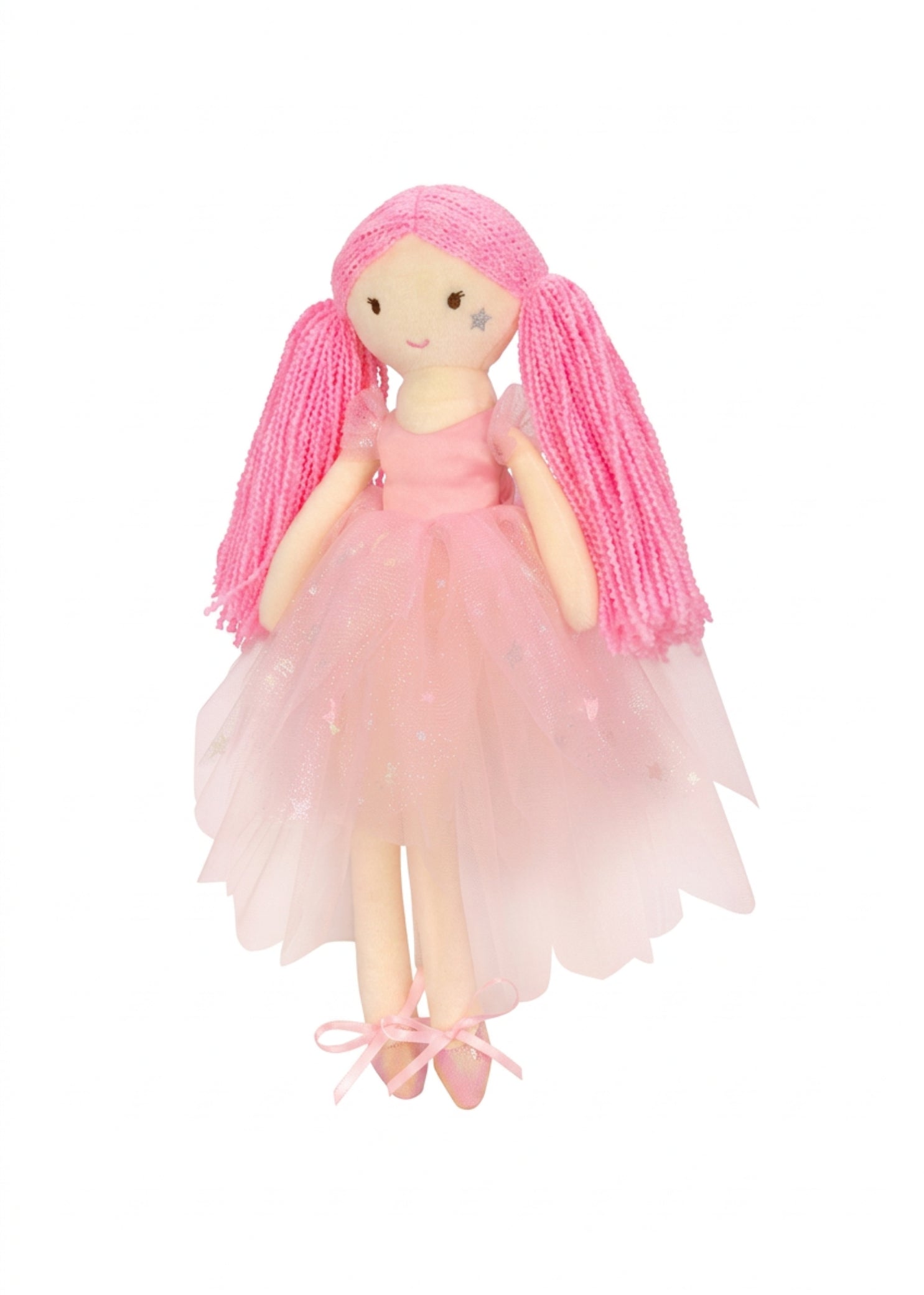 Iscream Polyester Sparkle Ballerina Plush Character in Pink, left side view showing yarn pigtails and tulle skirt