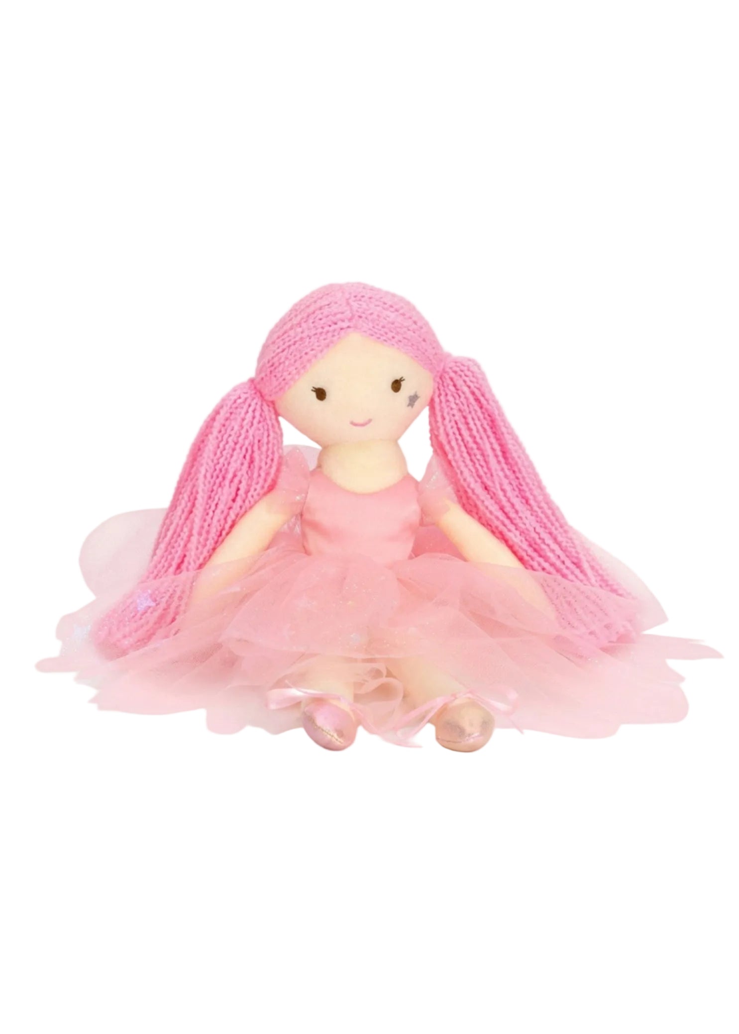 Iscream Polyester Sparkle Ballerina Plush Character in Pink, sitting front view showing yarn hair and tulle skirt