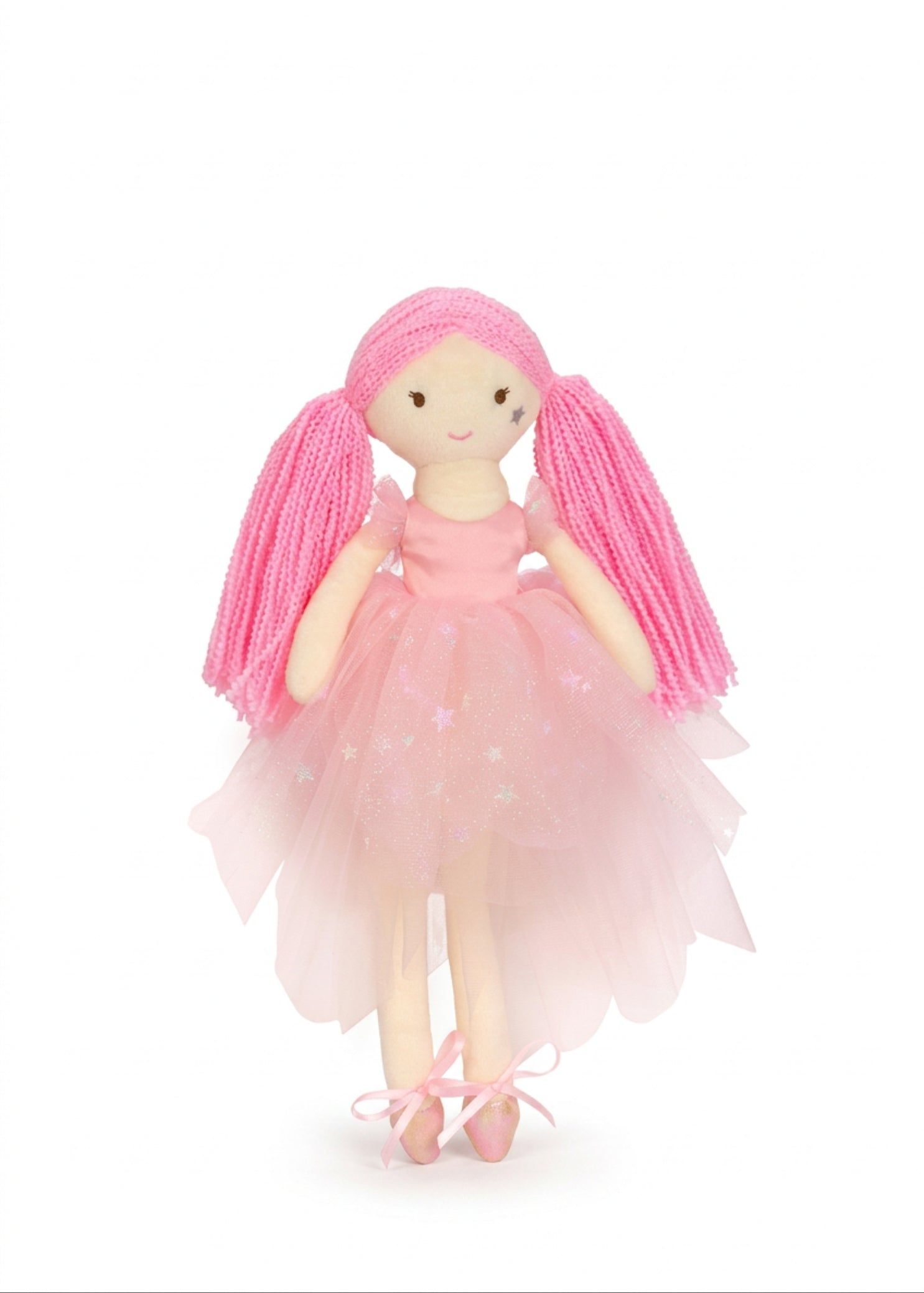 Iscream Polyester Sparkle Ballerina Plush Character in Pink, standing front view showing ribbon-tied ballet slippers