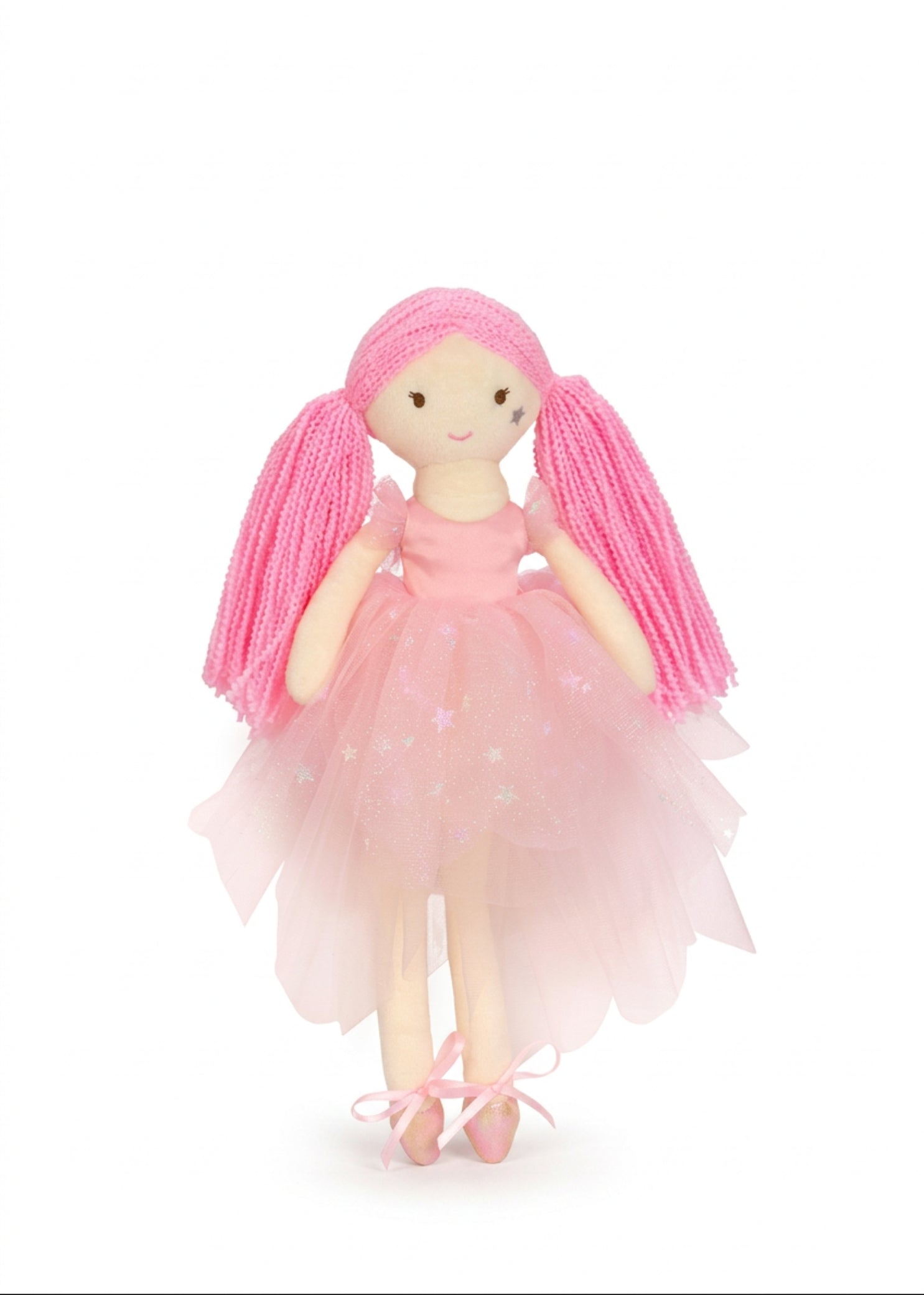 Iscream Polyester Sparkle Ballerina Plush Character in Pink, standing front view showing ribbon-tied ballet slippers