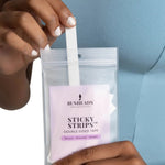 Capezio Sticky Strips, application guide view showing a double-sided adhesive strip removed from resealable pouch