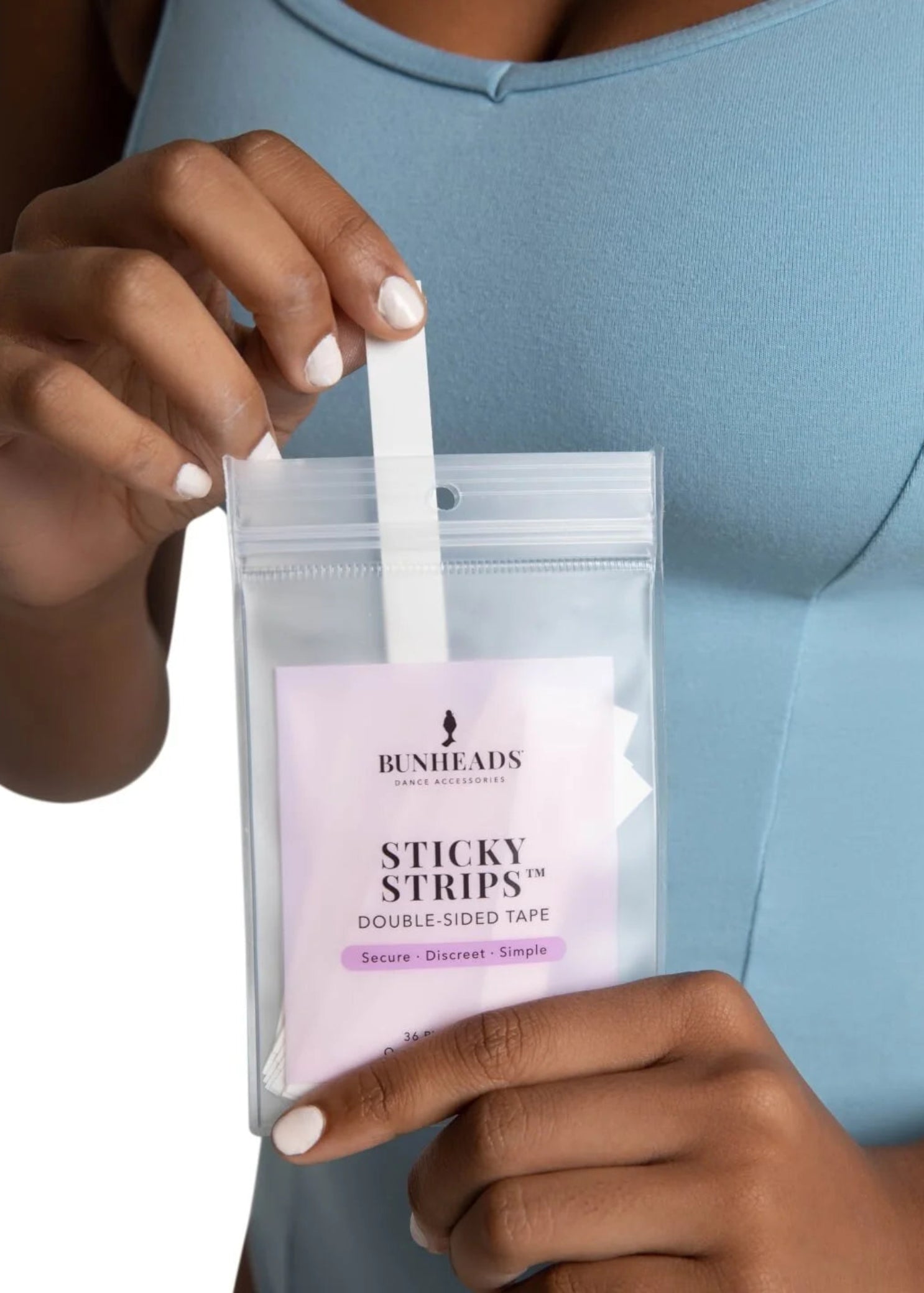 Capezio Sticky Strips, application guide view showing a double-sided adhesive strip removed from resealable pouch
