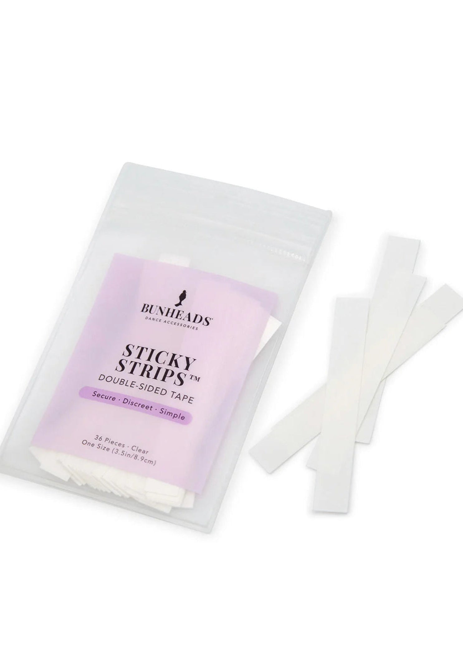 Capezio Sticky Strips, packaging front view showing resealable pouch beside double-sided adhesive strips
