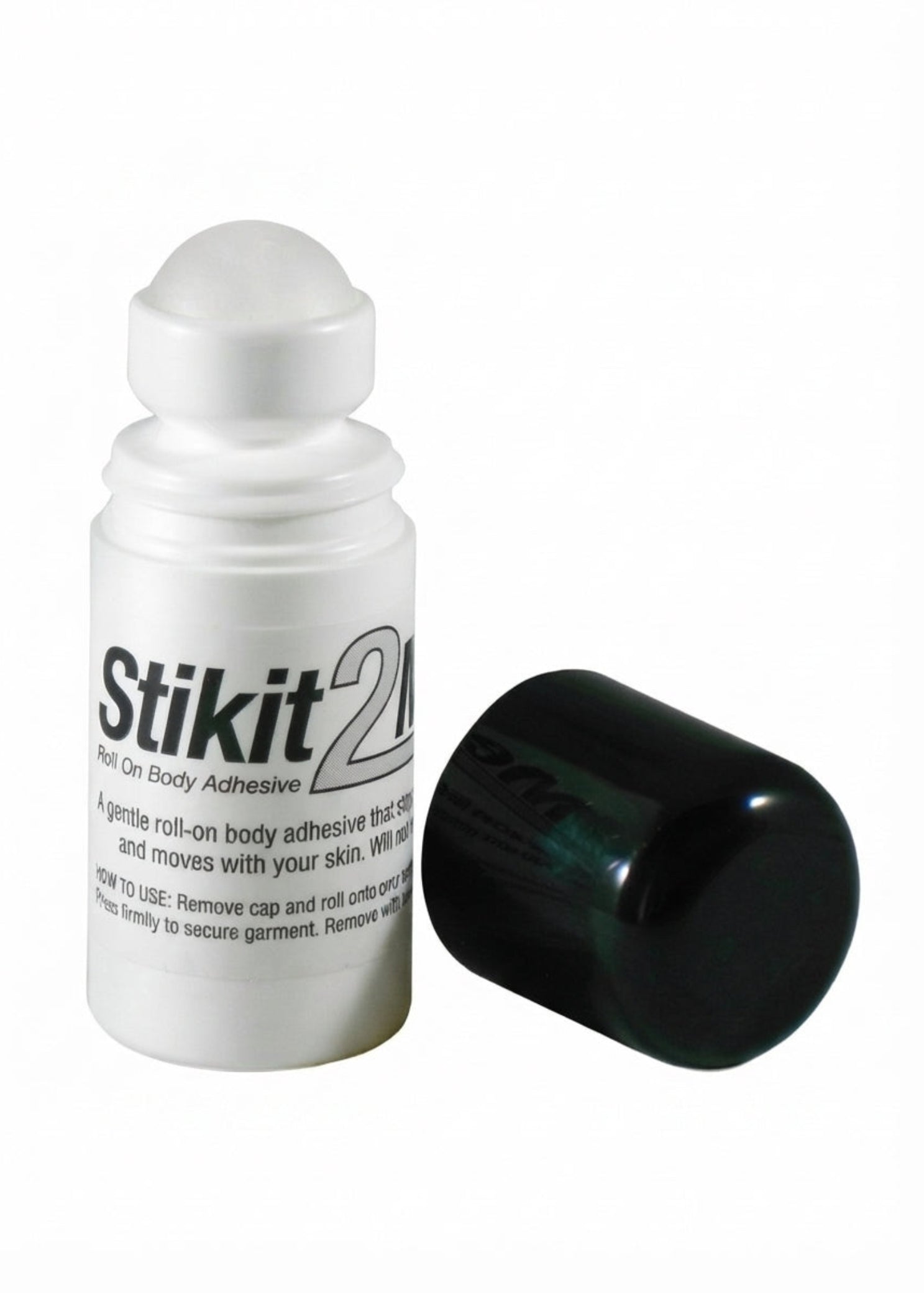 Pillows for Pointes Stikit 2 Me Body Glue, cap removed view showing roll-on applicator and clear adhesive