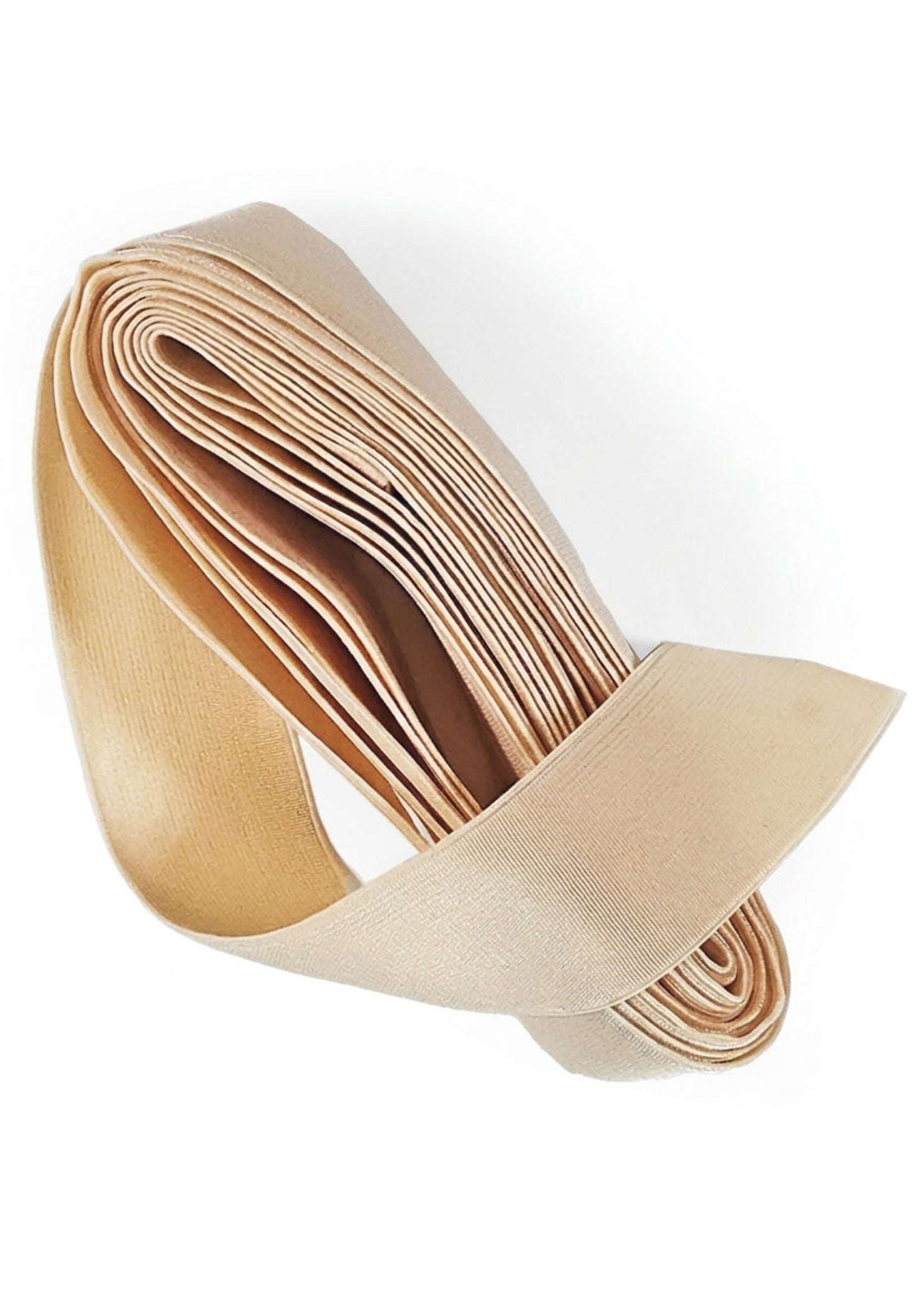 Pillows for Pointes Stretch Pointe Shoe Ribbon, detail view showing folded nylon-spandex ribbon with smooth finish
