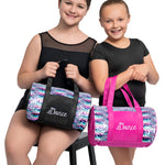 Horizon Designs Striped Sequins Duffel, lifestyle view showing Black and Pink colorways with sequin stripe pattern