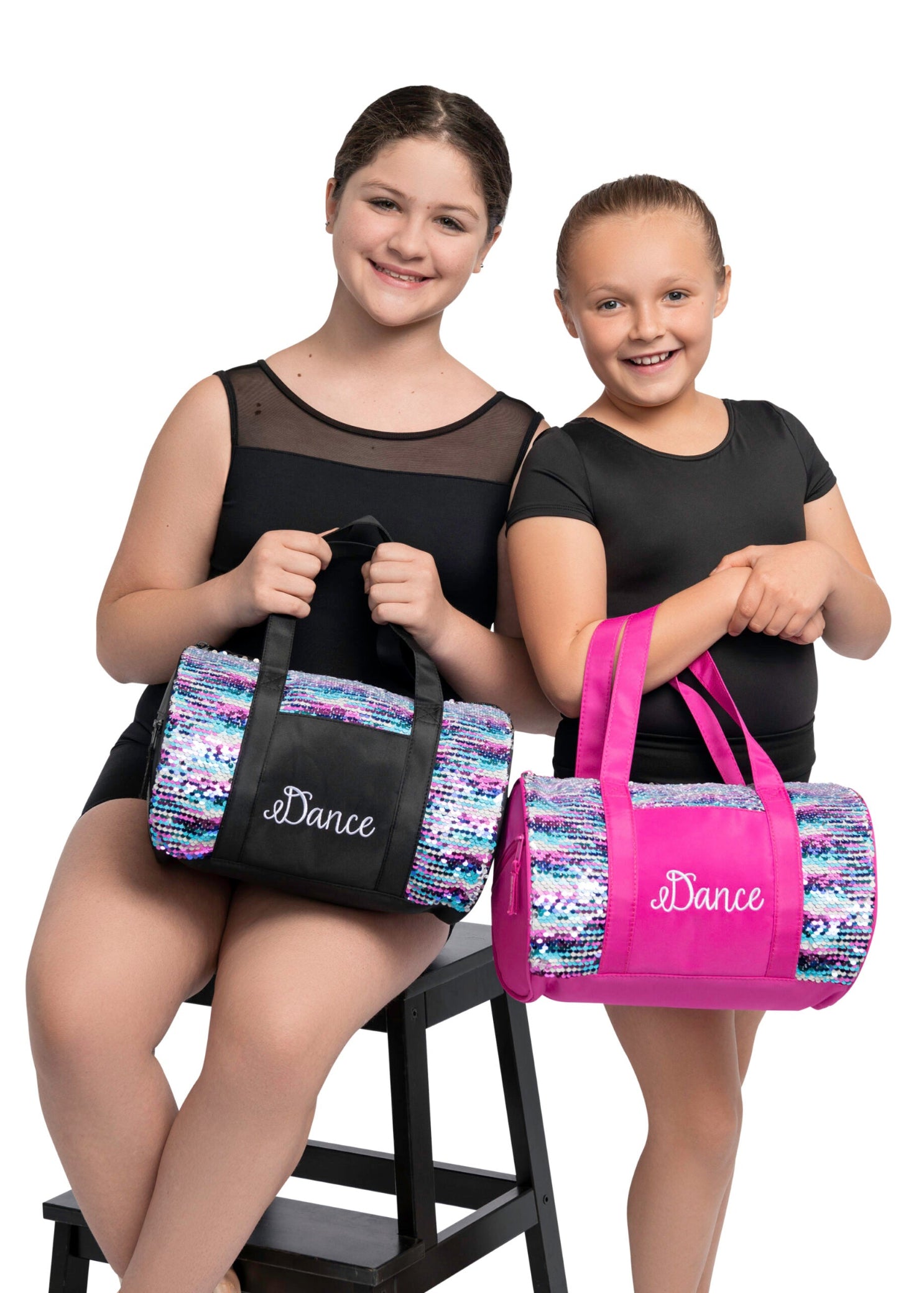 Horizon Designs Striped Sequins Duffel, lifestyle view showing Black and Pink colorways with sequin stripe pattern