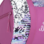 Horizon Designs Striped Sequins Duffel in Pink, detail view showing sequin pocket and embroidered Dance lettering
