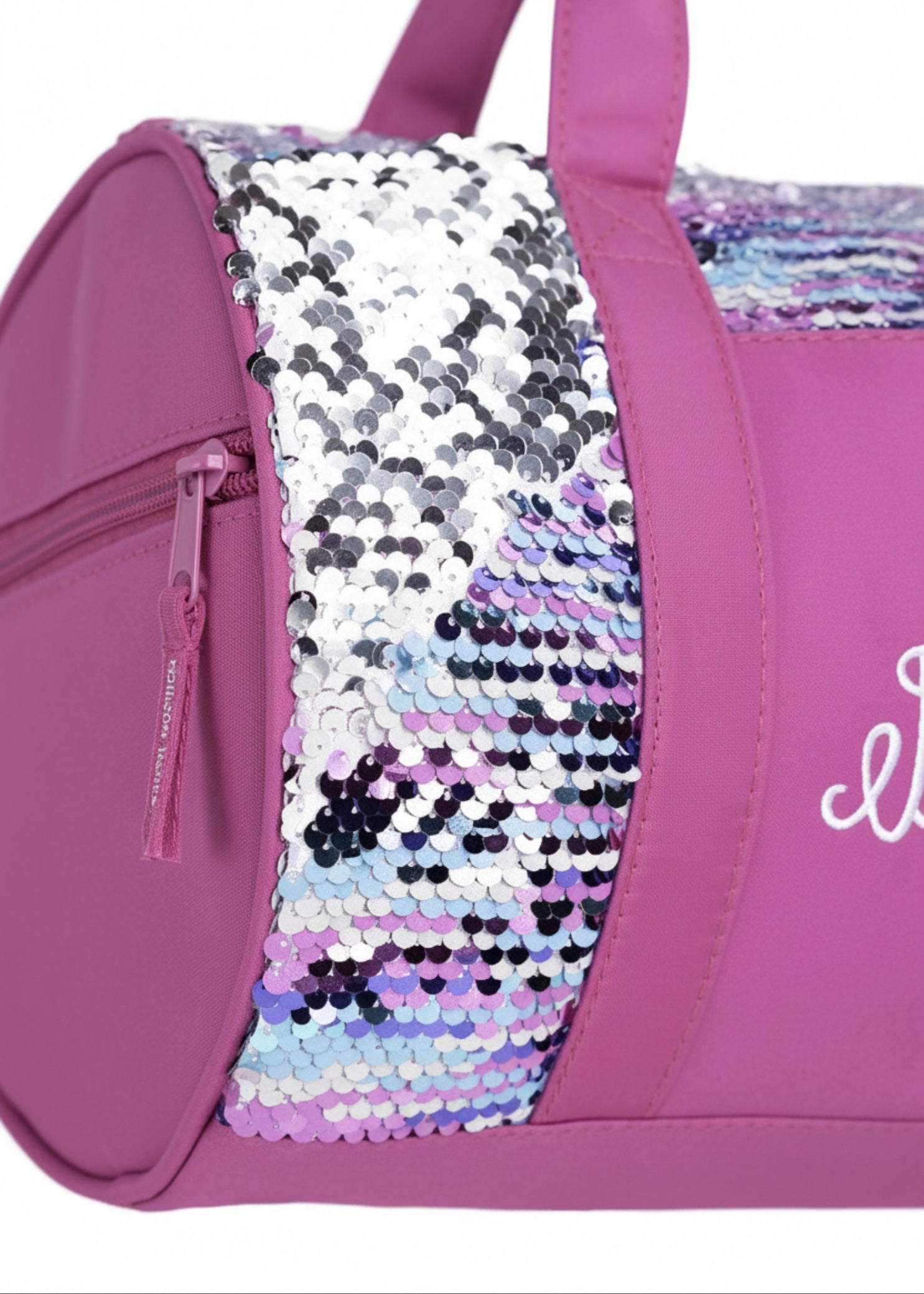 Horizon Designs Striped Sequins Duffel in Pink, detail view showing sequin pocket and embroidered Dance lettering