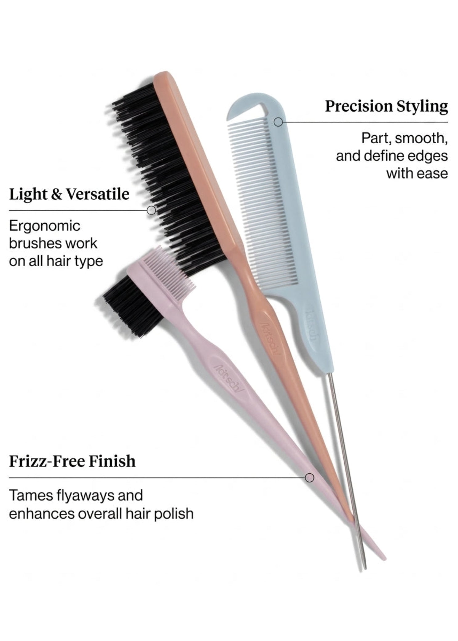 Kitsch Style Brush Set, detail view showing teasing brush, edge brush, and pintail comb bristle details