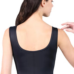 Suffolk Blossom Tank Leotard in Black, back view showing scoop back and wide tank straps