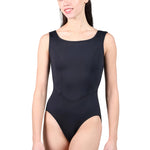 Suffolk Blossom Tank Leotard in Black, front view showing square neckline and princess seams
