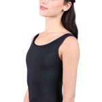Suffolk Blossom Tank Leotard in Black, side view showing contoured bodice seams and tank strap