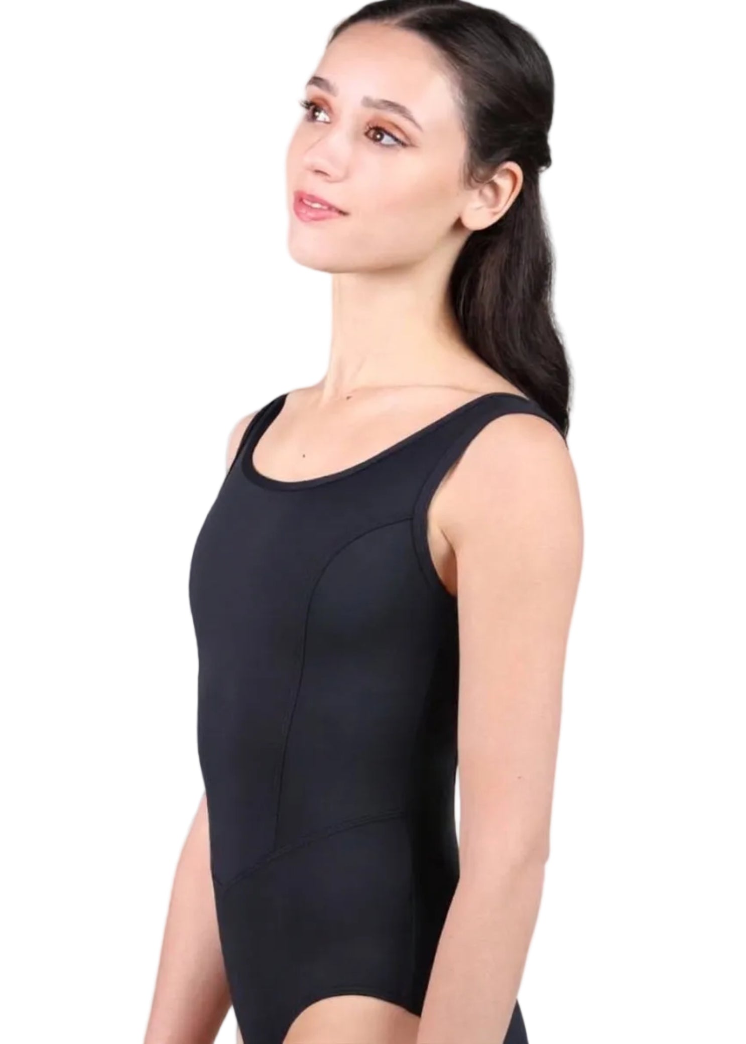 Suffolk Blossom Tank Leotard in Black, side view showing contoured bodice seams and tank strap