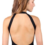 Suffolk Lily Halter Leotard in Black, back view showing large oval open back and halter straps