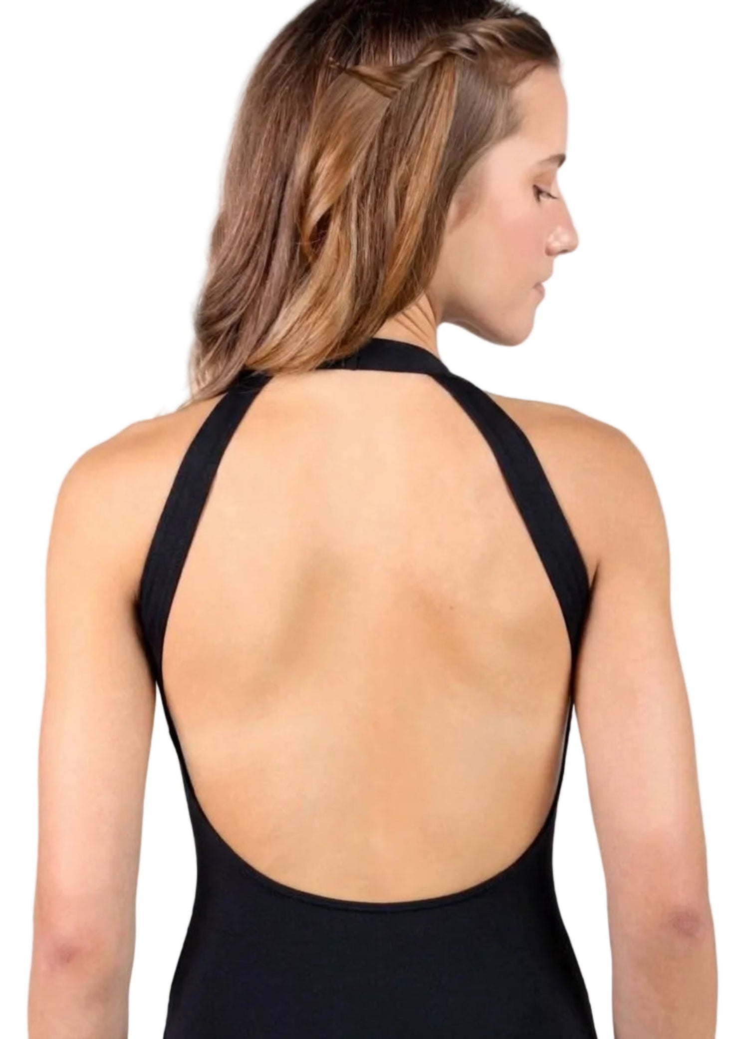 Suffolk Lily Halter Leotard in Black, back view showing large oval open back and halter straps