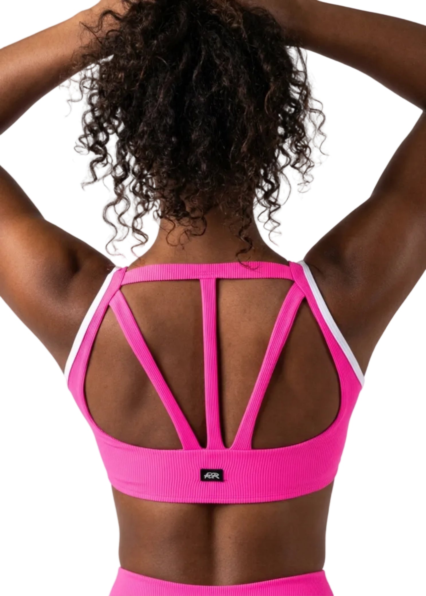 Tiger Friday Sully Crop Top in Malibu, back view showing ribbed crop top with open cage-style back straps