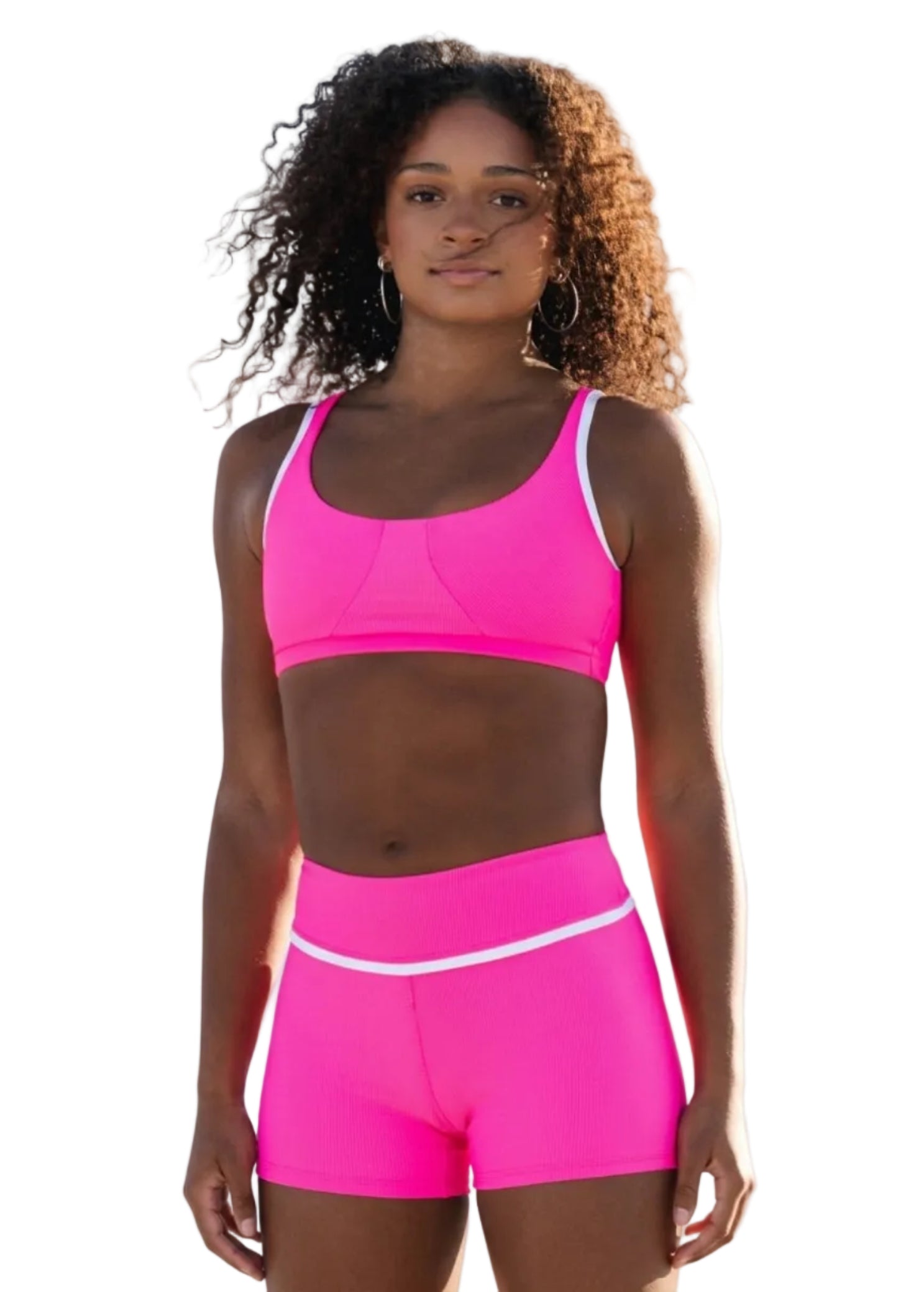 Tiger Friday Sully Crop Top in Malibu, front view showing ribbed crop top with contoured bust seaming