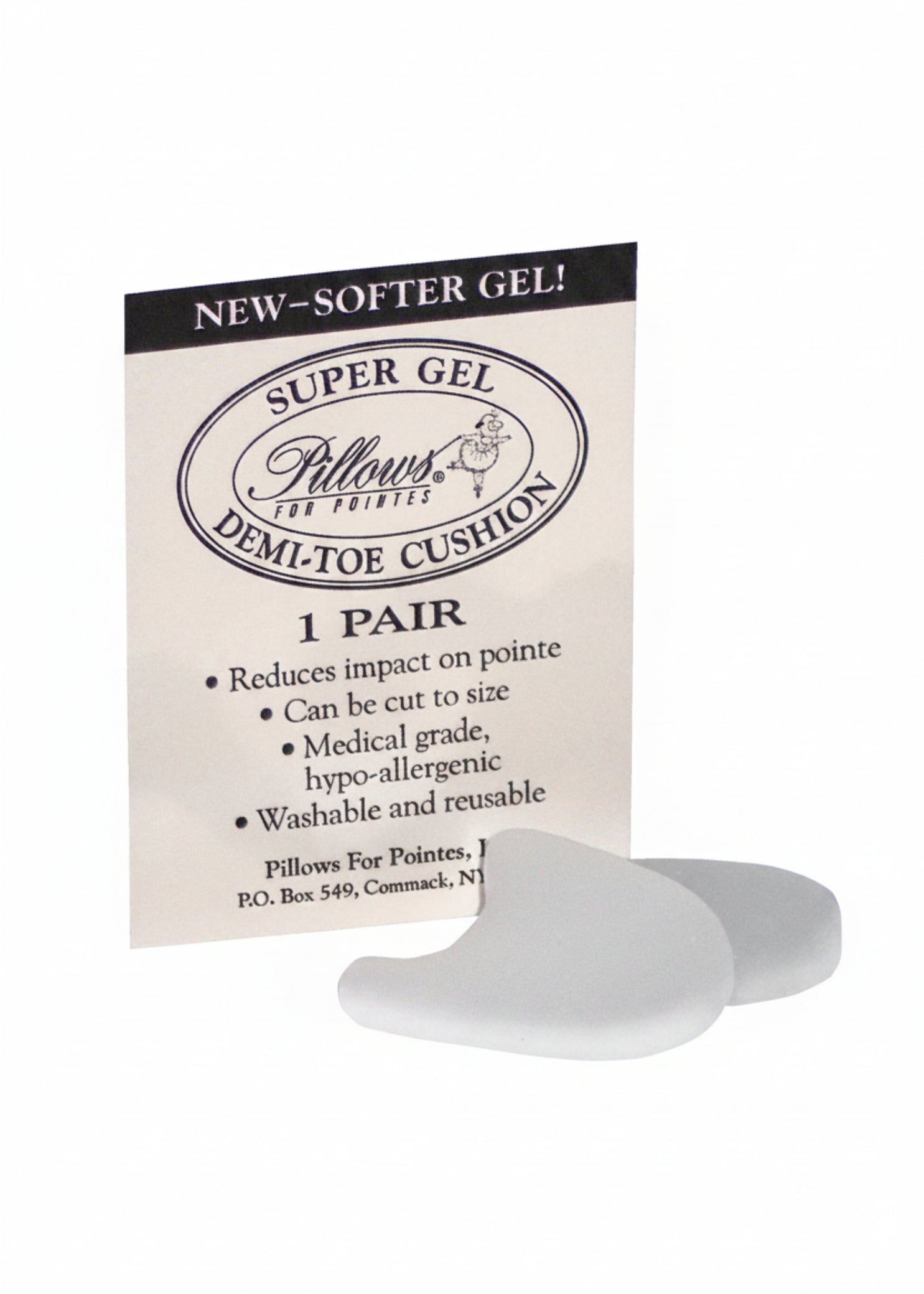 Pillows for Pointes Super Gel demi-toe cushion 1-pair, front view showing clear medical-grade gel demi spacer beside Pillows for Pointes retail card