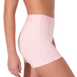 Capezio Sweet Hearts Short in Pink, side view showing nylon-spandex fabric, heart mesh waistband and fitted cut