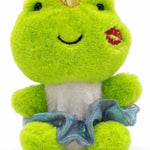 Dasha Designs Sweetheart Nuggetz frog plush in green, front view showing gold crown, kiss mark, and blue tutu skirt