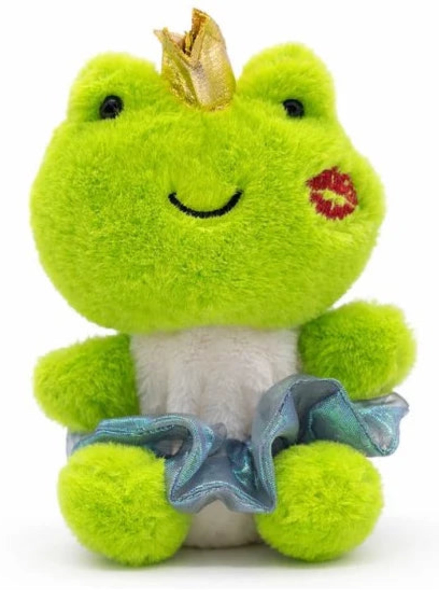 Dasha Designs Sweetheart Nuggetz frog plush in green, front view showing gold crown, kiss mark, and blue tutu skirt