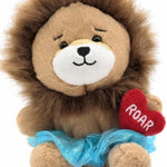 Dasha Designs Sweetheart Nuggetz lion plush in brown, front view showing ROAR heart accent and blue tutu skirt