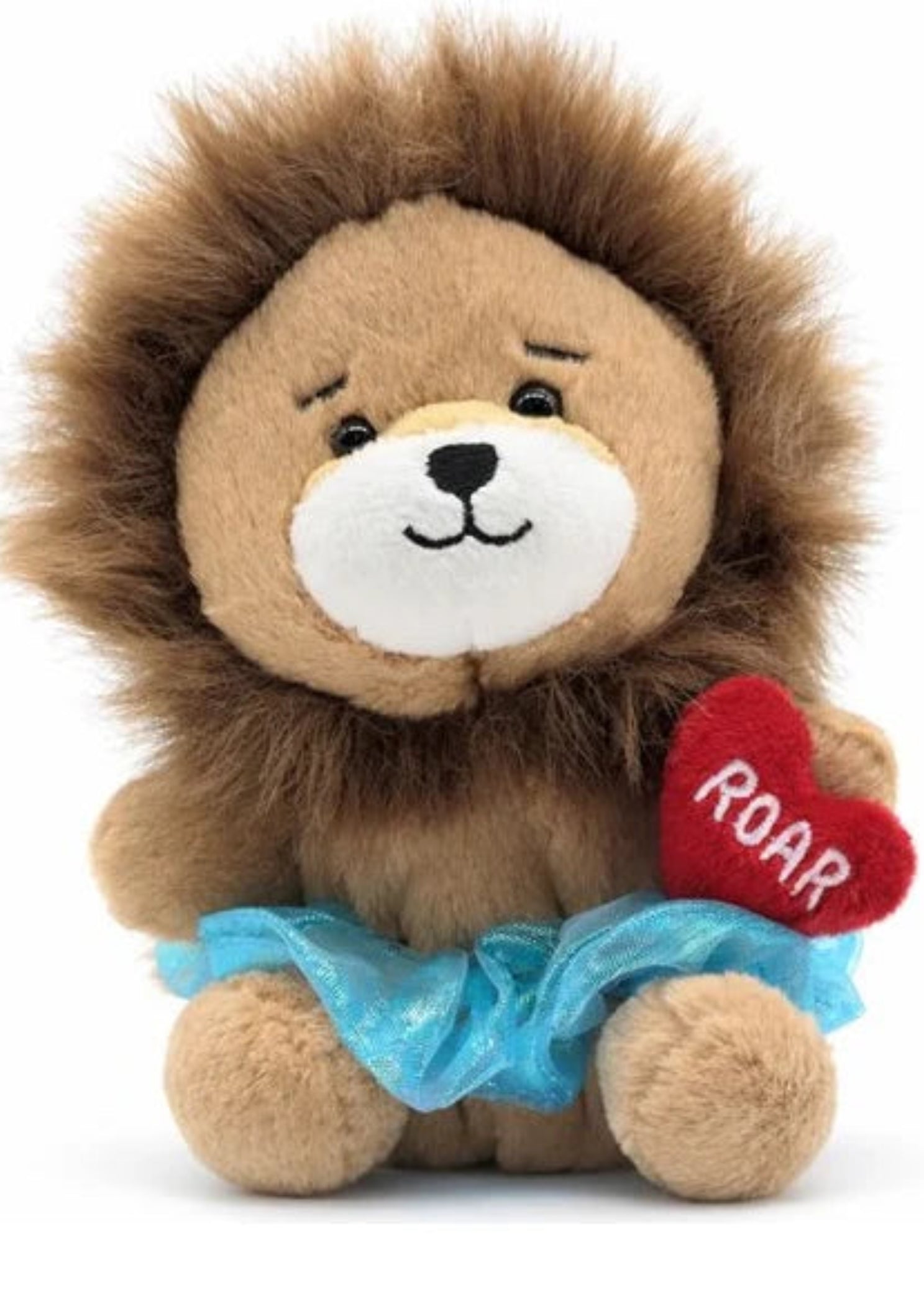 Dasha Designs Sweetheart Nuggetz lion plush in brown, front view showing ROAR heart accent and blue tutu skirt